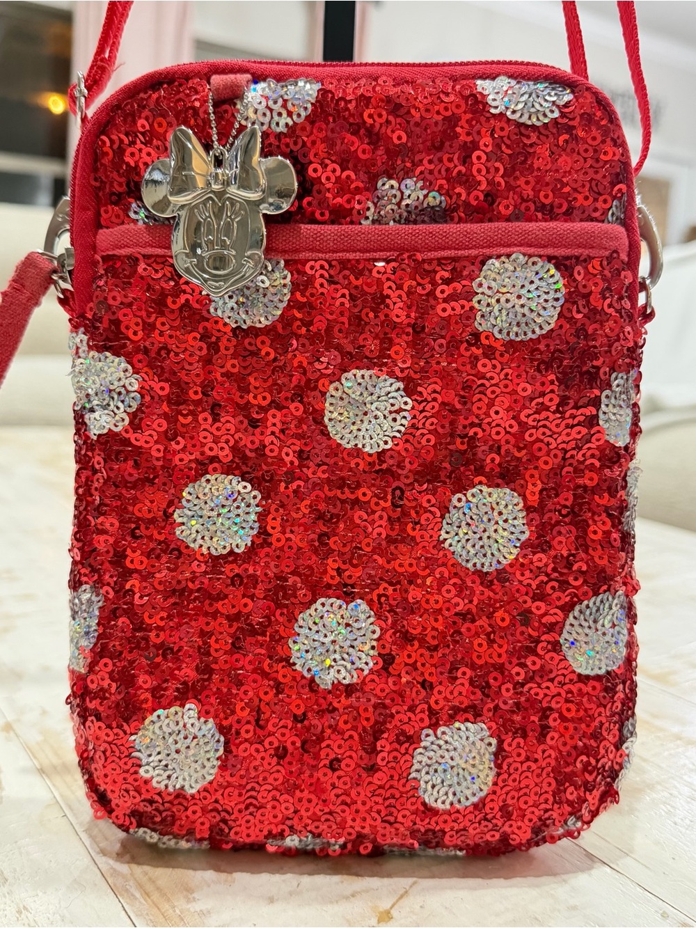 Disney Parks Red Sequins Polka Dot Crossbody Bag Red and White Minnie Mouse - Picture 10 of 14